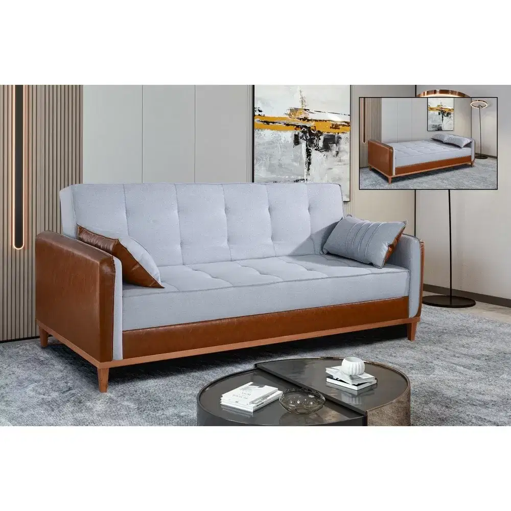 SOFA CAMA 2.00M UNIQUE SATURNO C/COURO GELO/CINZA G07 DESIGN